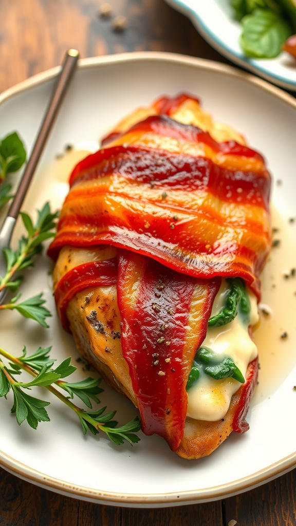Bacon-wrapped stuffed chicken breast filled with cheese and spinach, served on a rustic table.